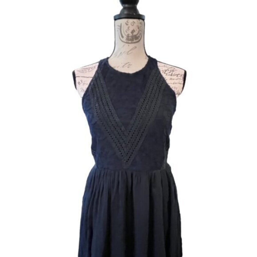 Abercrombie & Fitch Lace Chiffon Dress Sleeveless Mesh Sides Size S Navy Party - Picture 16 of 16
